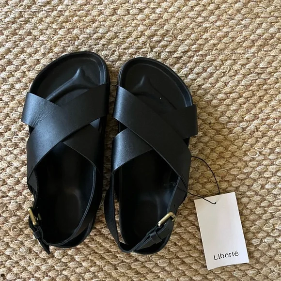 Liberté Leather Black Sandals with Cork Footbed - Picture 3 of 5